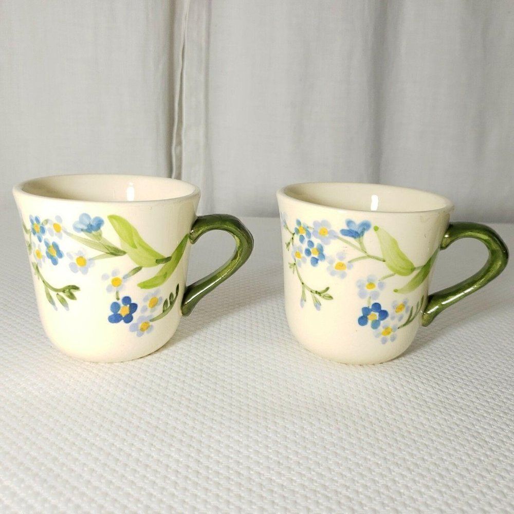 Vtg Franciscan Ware Forget Me Not Floral Coffee Cup Mug White Blue Green Qty 2